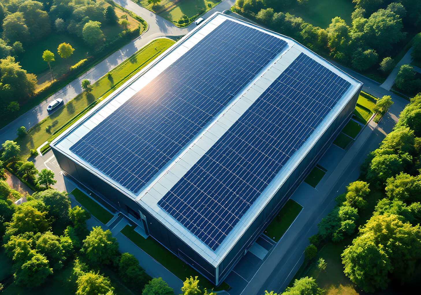 aerial view of data center with solar panels and greenery